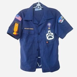 YOUTH VINTAGE BOY SCOUTS OF AMERICA BUTTON‎ UP UNIFORM SHIRT W PENDANTS YOUTH L